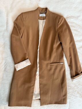 Calvin Klein Women's Camel Brown Open-Front Long Blazer
